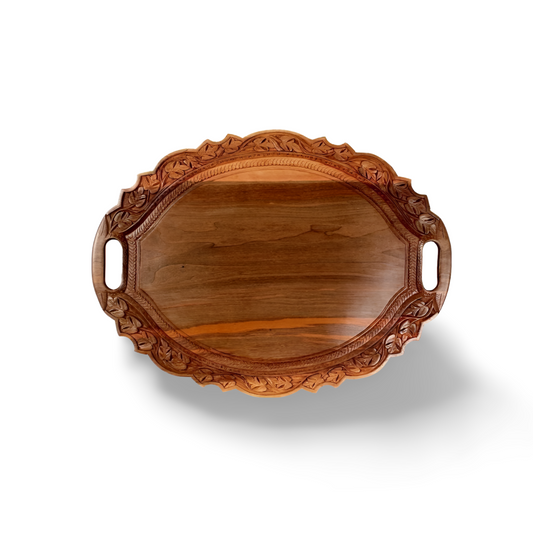 Handmade Decorative Tray 18" — Oval Floral Design | Handmade Heritage Gift & Home Decor | Walnut Wood Tray | Christmas Gift