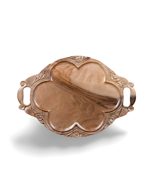 Hand-Carved Walnut Wood Serving Tray — Oval Floral Design | 18” Handmade Heritage Gift & Home Decor