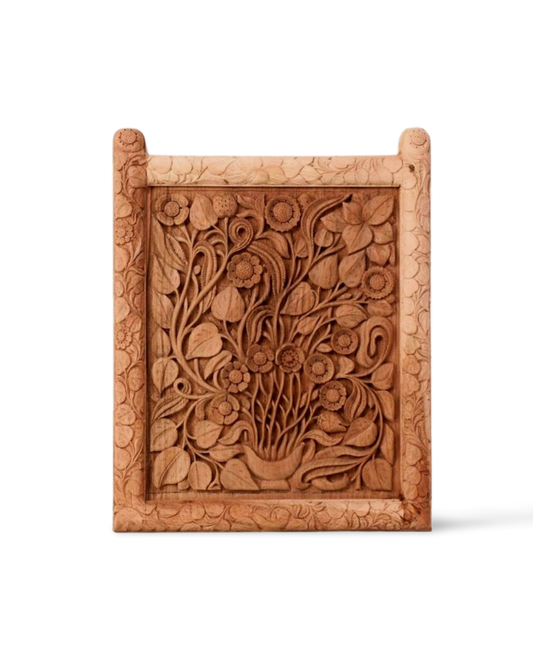 Hand-carved walnut wood wall art with floral bouquet design. Handmade in Kashmir, blending timeless craftsmanship and natural beauty for elegant interiors.