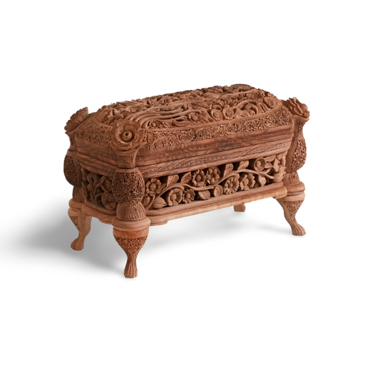 Hand-Carved Walnut Wood Jewelry Box — Antique Floral Design | 100% Handmade Heritage Gift for Women